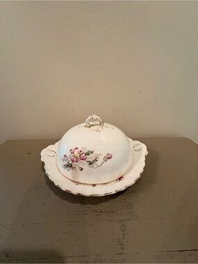 Antique Dresden Semi-Porcelain Floral Covered Butter/Cheese Dish